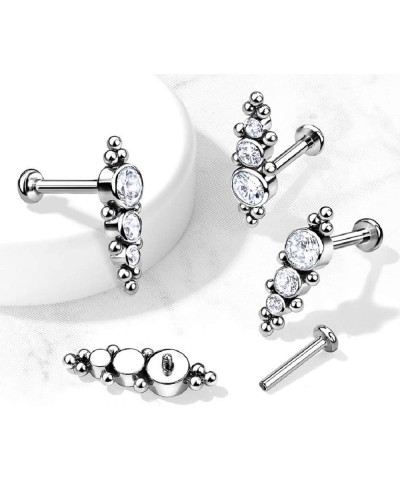 16G G23 Implant Grade Titanium Internally Threaded Descending Triple Round CZ Crystal and Ball Clusters Flat Back Labret Monr...