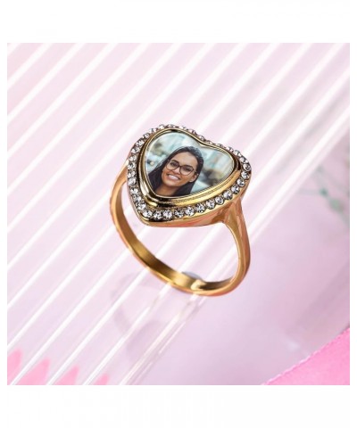 Custom Ring for Women with Photo Stainless Steel Heart Shaped Ring with Cubic Stone Silver/Gold/Rose Gold Promise Ring Annive...