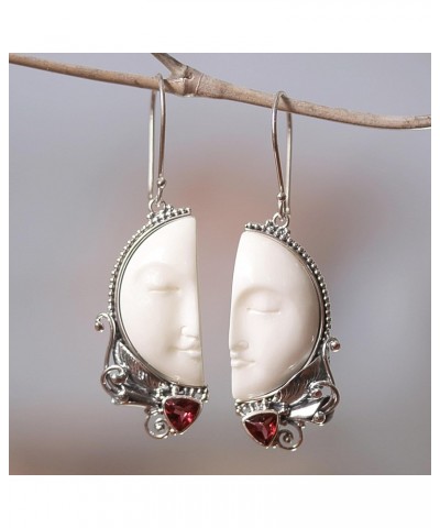 Artisan Handmade Garnet Dangle Earrings Bone from Bali .925 Sterling Silver Red White Statement Indonesia Birthstone 'Half of...