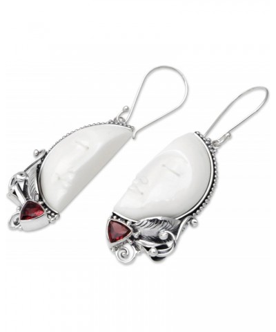 Artisan Handmade Garnet Dangle Earrings Bone from Bali .925 Sterling Silver Red White Statement Indonesia Birthstone 'Half of...