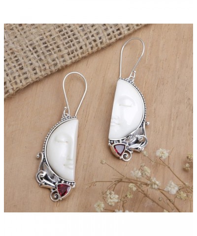 Artisan Handmade Garnet Dangle Earrings Bone from Bali .925 Sterling Silver Red White Statement Indonesia Birthstone 'Half of...