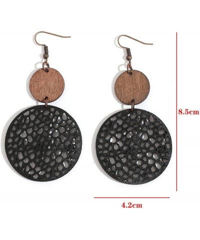 2Pairs Wooden Vintage Geometric Earrings Retro Leather Hollow Out Circle Earrings Big Teardrop Lightweight Leather Statement ...