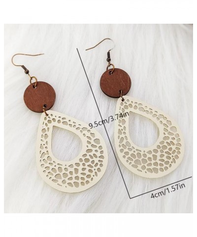 2Pairs Wooden Vintage Geometric Earrings Retro Leather Hollow Out Circle Earrings Big Teardrop Lightweight Leather Statement ...