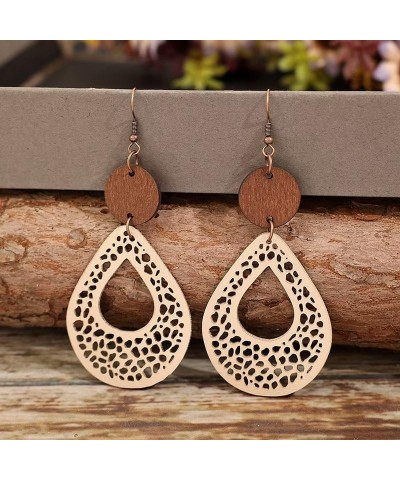 2Pairs Wooden Vintage Geometric Earrings Retro Leather Hollow Out Circle Earrings Big Teardrop Lightweight Leather Statement ...