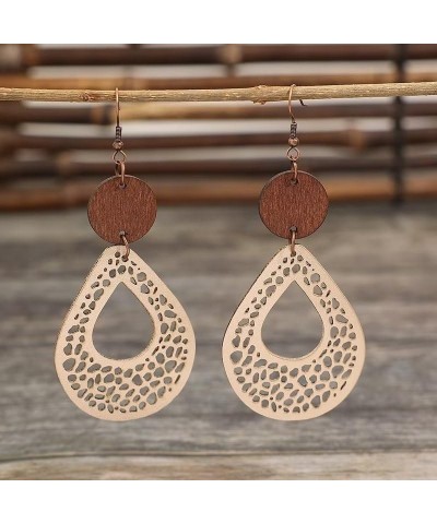 2Pairs Wooden Vintage Geometric Earrings Retro Leather Hollow Out Circle Earrings Big Teardrop Lightweight Leather Statement ...