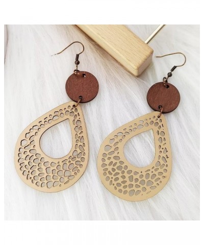 2Pairs Wooden Vintage Geometric Earrings Retro Leather Hollow Out Circle Earrings Big Teardrop Lightweight Leather Statement ...