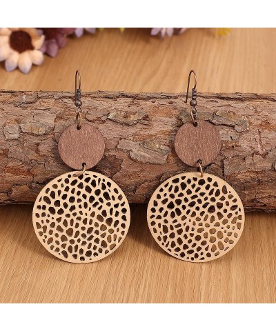 2Pairs Wooden Vintage Geometric Earrings Retro Leather Hollow Out Circle Earrings Big Teardrop Lightweight Leather Statement ...