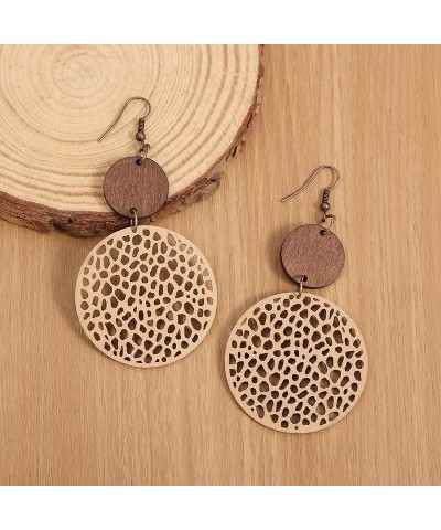 2Pairs Wooden Vintage Geometric Earrings Retro Leather Hollow Out Circle Earrings Big Teardrop Lightweight Leather Statement ...