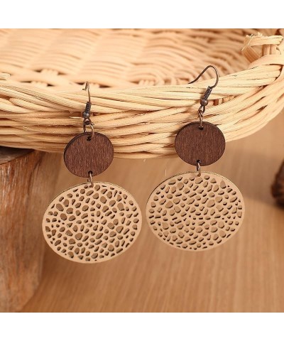 2Pairs Wooden Vintage Geometric Earrings Retro Leather Hollow Out Circle Earrings Big Teardrop Lightweight Leather Statement ...