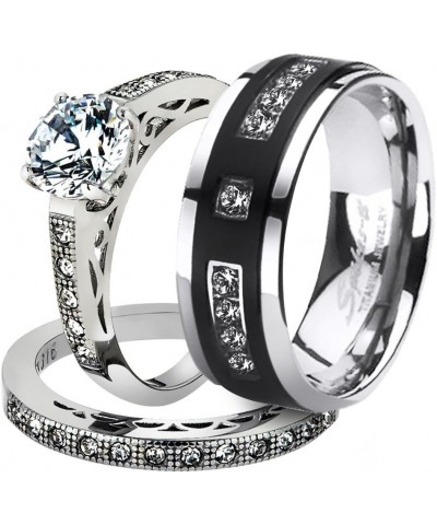 His and Her Stainless Steel 1.39 Carat Cubic Zirconia Bridal Set and Men's Titanium Wedding Band Women's Size 06 Men's Size 1...