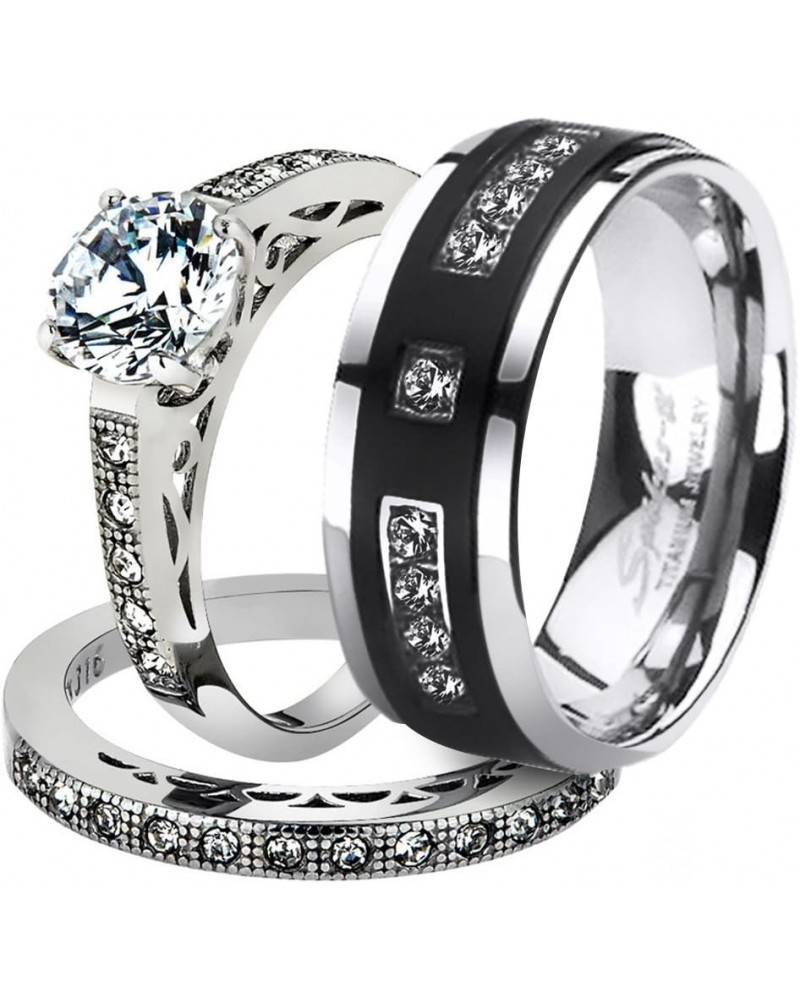 His and Her Stainless Steel 1.39 Carat Cubic Zirconia Bridal Set and Men's Titanium Wedding Band Women's Size 06 Men's Size 1...