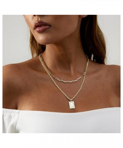 14K Gold Layered Initial Pendant Necklace Dainty Layering Paperclip Link Rope Chain Choker Necklace for Women Personalized Sq...