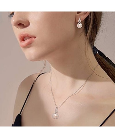 925 Sterling Silver CZ AAA Button Cream Freshwater Cultured Pearl Bridal Jewelry Necklace Earrings Set Ivory for Women, Valen...