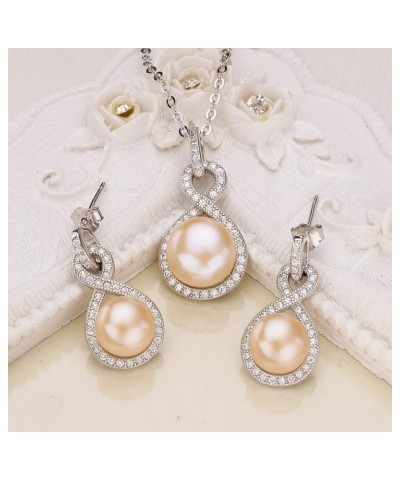 925 Sterling Silver CZ AAA Button Cream Freshwater Cultured Pearl Bridal Jewelry Necklace Earrings Set Ivory for Women, Valen...