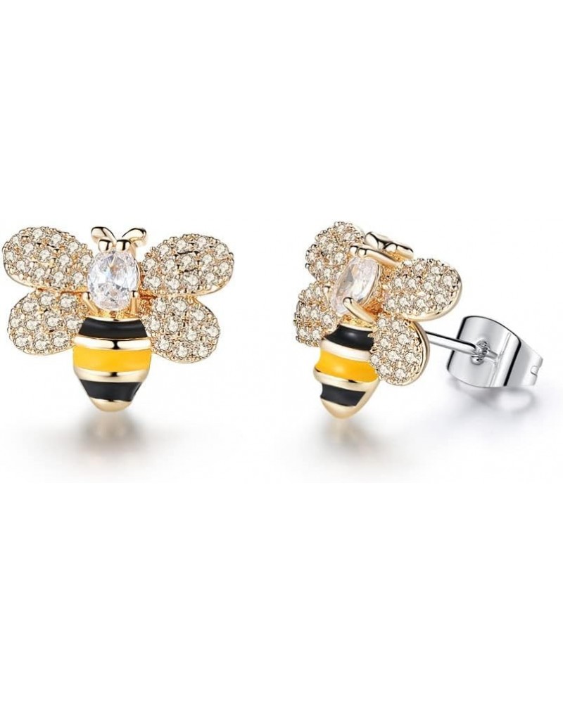 Tiny Bumblebee Stud Earrings for Women Girls Sparkling Cubic Zirconia Crystal Cute Honeybee Cartilage Earring Statement Studs...