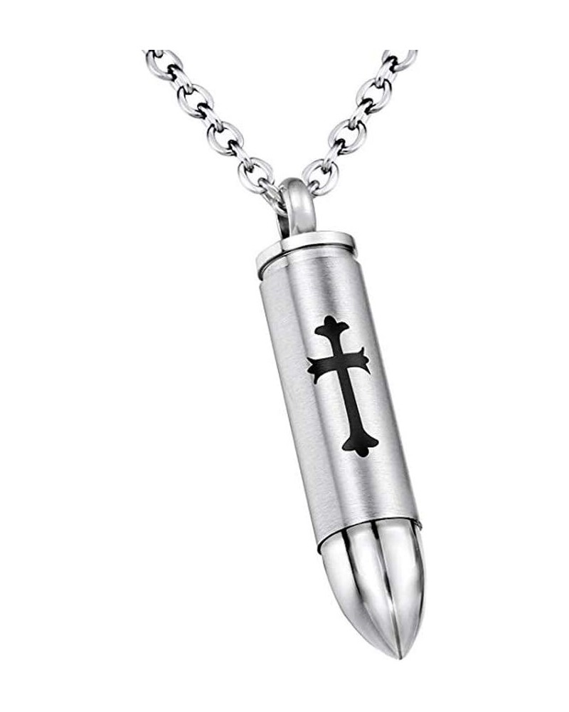 Urn Necklaces for Men Women - Cross Engraving Bullet Urn Pendant Black Stainless Steel Cremation Necklace for Dad Mom Son Sil...