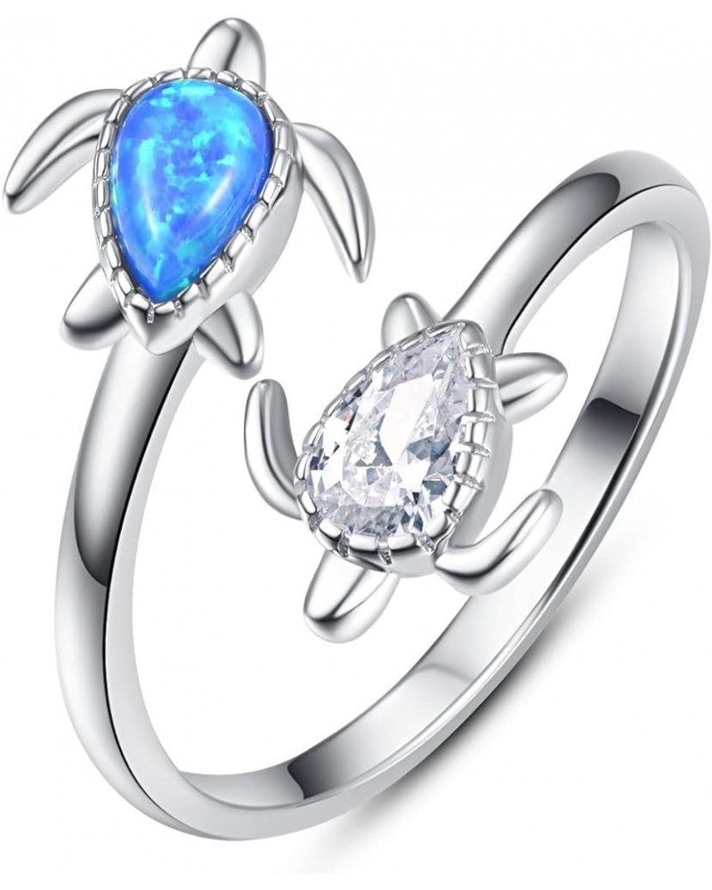 S925 Sterling Silver Turtle Ring Open Adjustable Thumb Ring for Women Sea Turtle Jewelry Gift 01-Blue Opal $17.64 Rings