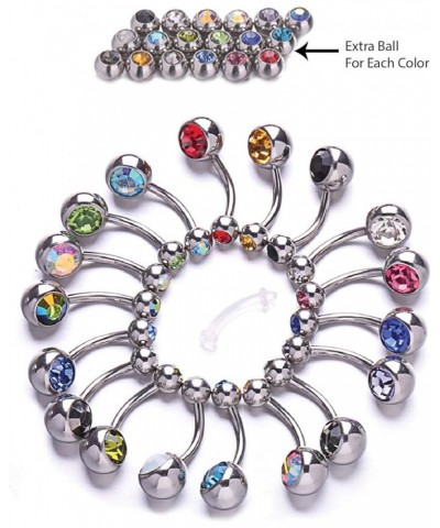 18PC Belly Button Rings Set - 14G Multicolor Surgical Stainless Steel - Shiny CZ Crystals Clear Pink Aqua Black - Replacement...