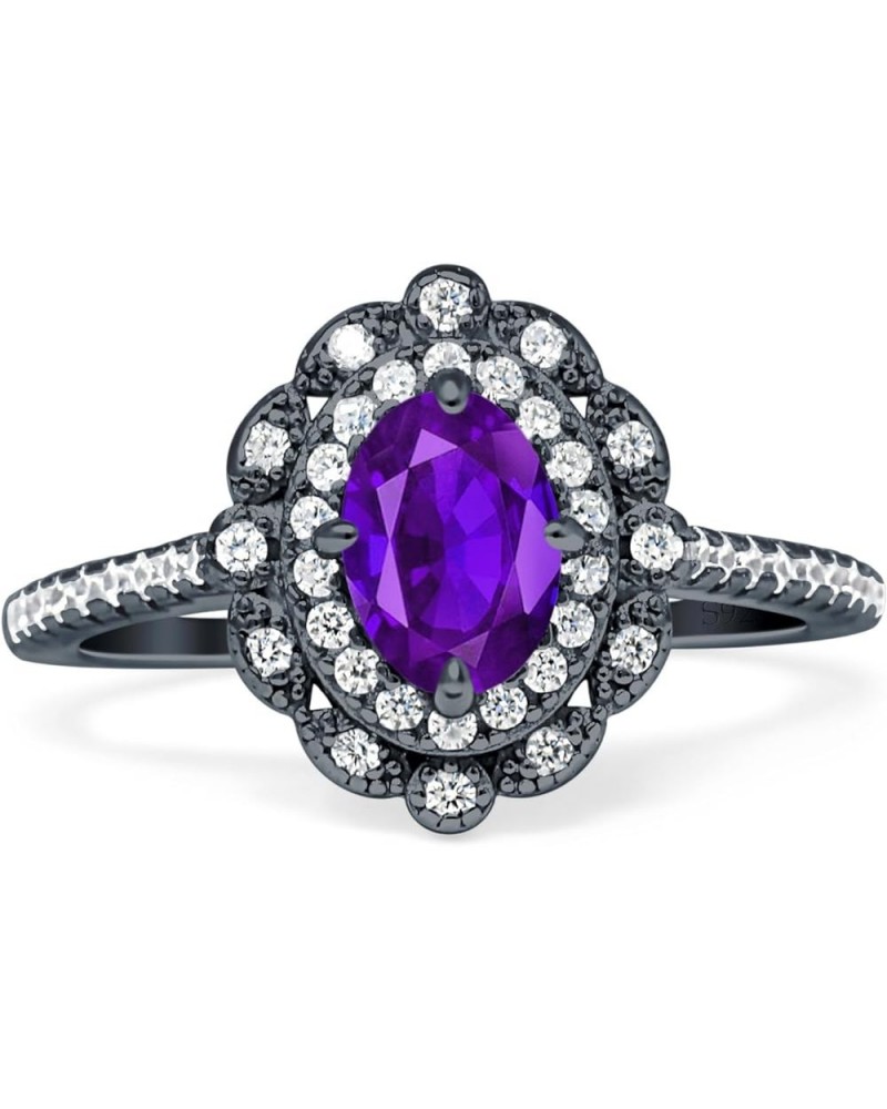 Floral Art Deco Oval Shape Vintage Style Halo Wedding Engagement Ring Cubic Zirconia 925 Sterling Silver Simulated Amethyst B...