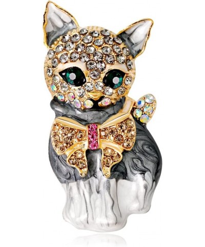 Dainty Rhinestone Cat Brooch Pin for Women Teen Girls Fashion Green Crystal Enamel Bowknot Kitten Animal Lapel Pins Cute Dres...