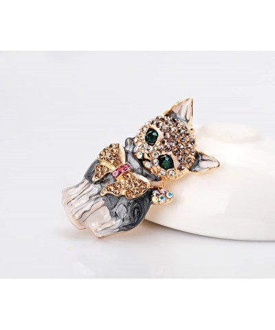 Dainty Rhinestone Cat Brooch Pin for Women Teen Girls Fashion Green Crystal Enamel Bowknot Kitten Animal Lapel Pins Cute Dres...