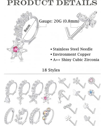 18Pcs Dangle Nose Rings Hoops L Shape Nose Studs CZ Butterfly Flower Cross Leaf Star Crown Heart Nostril Piercings Jewelry Se...