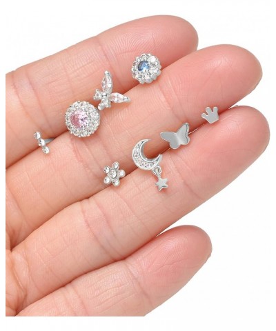 18Pcs Dangle Nose Rings Hoops L Shape Nose Studs CZ Butterfly Flower Cross Leaf Star Crown Heart Nostril Piercings Jewelry Se...