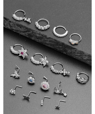 18Pcs Dangle Nose Rings Hoops L Shape Nose Studs CZ Butterfly Flower Cross Leaf Star Crown Heart Nostril Piercings Jewelry Se...