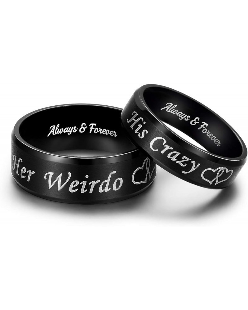 His Crazy Her Weirdo Heart Rings for Couples Always and Forever Matching Promise Rings Black Wedding Bands Sets for Him and H...