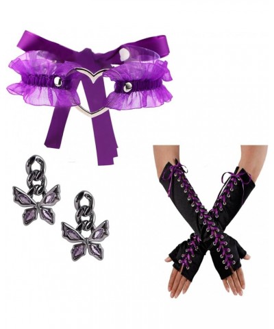 Velvet Gothic Garter for Women Heart Leg Ring with Rivets Elastic Lace Bracelets Choker Set Purple - A1 $13.10 Bracelets