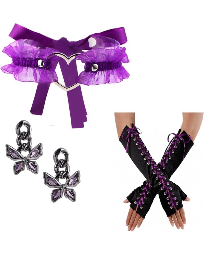 Velvet Gothic Garter for Women Heart Leg Ring with Rivets Elastic Lace Bracelets Choker Set Purple - A1 $13.10 Bracelets