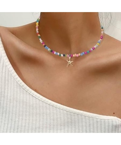 Boho Seed Beaded Necklace Shell Starfish Choker Necklaces Cute Summer Pendant Necklace Colorful Beach Necklace Chain for Wome...