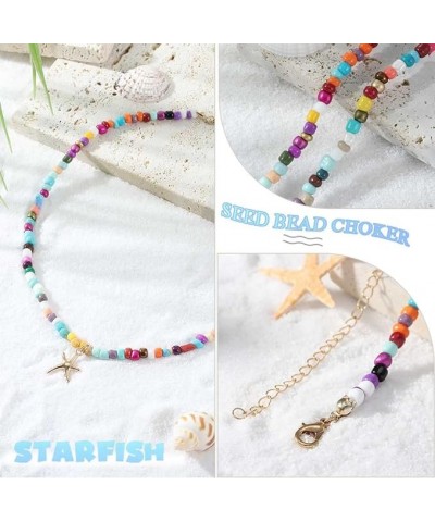 Boho Seed Beaded Necklace Shell Starfish Choker Necklaces Cute Summer Pendant Necklace Colorful Beach Necklace Chain for Wome...