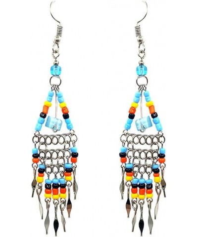 Native American Inspired Triangle Seed Bead Chip Stone Long Beaded Metal Chain Dangle Earrings - Womens Fashion Handmade Jewe...