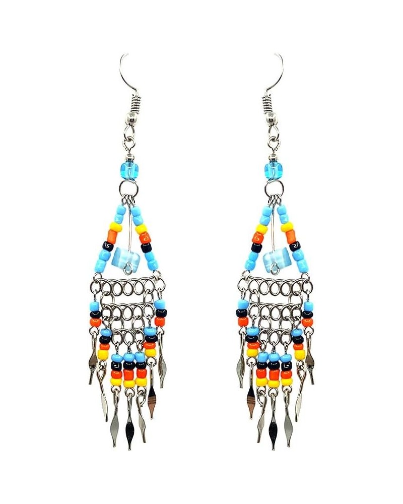 Native American Inspired Triangle Seed Bead Chip Stone Long Beaded Metal Chain Dangle Earrings - Womens Fashion Handmade Jewe...