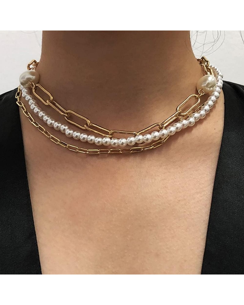 Layered Paper Clip Choker Necklace Vintage Chunky Link Chain Fashion Retro Charm Simulated Pearl Necklace for Women and Girls...