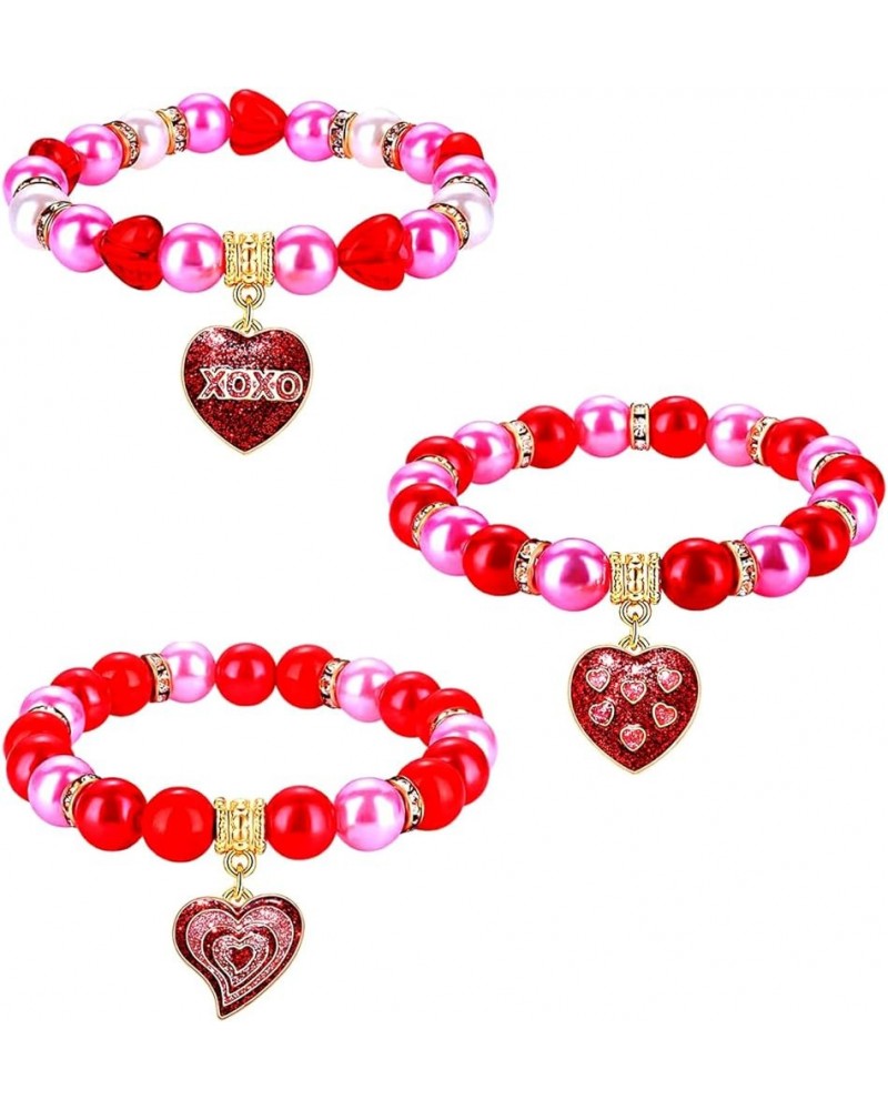 3PCS Valentine's Day Bracelets Red Heart Charms Bracelets for Women Girls Crystal Pearl Beaded Stretch Bracelet Set Festive B...