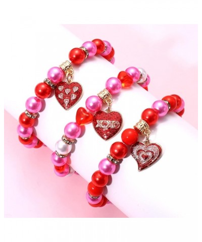 3PCS Valentine's Day Bracelets Red Heart Charms Bracelets for Women Girls Crystal Pearl Beaded Stretch Bracelet Set Festive B...