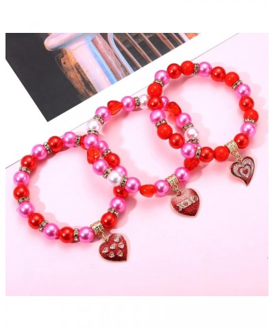 3PCS Valentine's Day Bracelets Red Heart Charms Bracelets for Women Girls Crystal Pearl Beaded Stretch Bracelet Set Festive B...