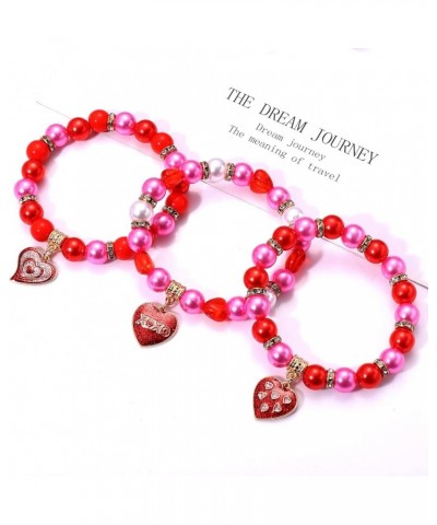 3PCS Valentine's Day Bracelets Red Heart Charms Bracelets for Women Girls Crystal Pearl Beaded Stretch Bracelet Set Festive B...