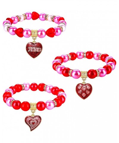 3PCS Valentine's Day Bracelets Red Heart Charms Bracelets for Women Girls Crystal Pearl Beaded Stretch Bracelet Set Festive B...