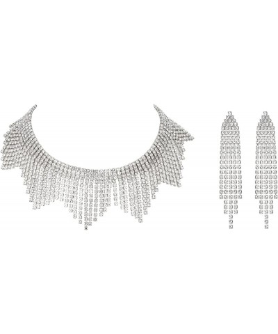 Rhinestone Tassel Jewelry Set, Sparkly Crystal Fringe Chain Tassel Choker Necklace Chandelier Earrings Set Clear Silver-Tone ...