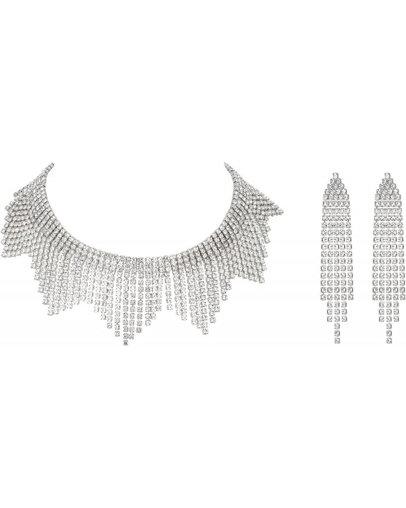 Rhinestone Tassel Jewelry Set, Sparkly Crystal Fringe Chain Tassel Choker Necklace Chandelier Earrings Set Clear Silver-Tone ...