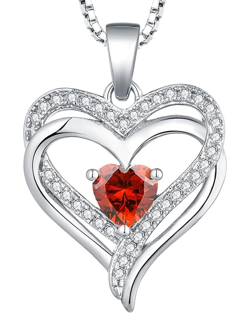 Women's Heart Necklace Sterling Silver Double Love Heart Pendant Cubic Zirconia Jewelry 01-garnet-Jan $31.20 Necklaces