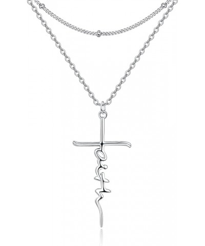 925 Sterling Silver Faith Cross Layered Necklace Dainty Simple Pendant Necklace Religious Gifts for Her 2-Layered Faith-Silve...