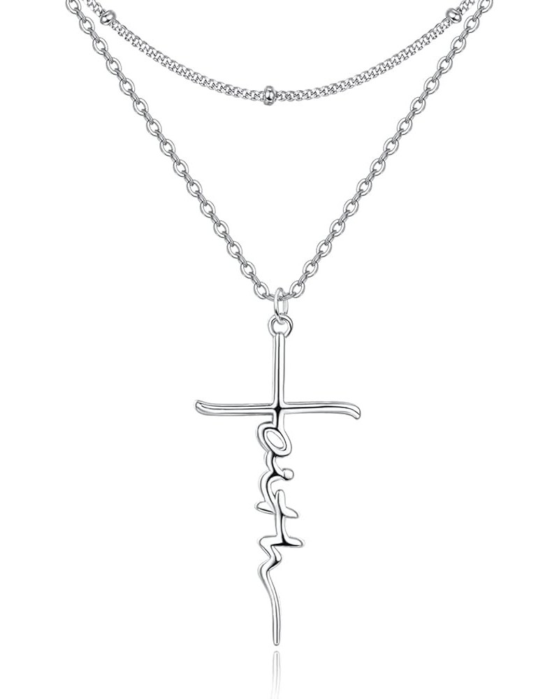 925 Sterling Silver Faith Cross Layered Necklace Dainty Simple Pendant Necklace Religious Gifts for Her 2-Layered Faith-Silve...