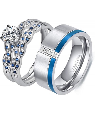 Couple Ring Bridal Set His Hers White Gold Plated CZ Stainless Steel Wedding Ring Band Set Blue women's size 7 & men's size 1...