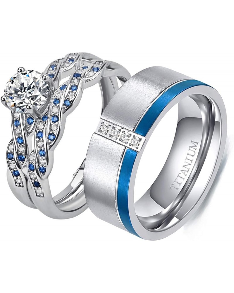 Couple Ring Bridal Set His Hers White Gold Plated CZ Stainless Steel Wedding Ring Band Set Blue women's size 7 & men's size 1...