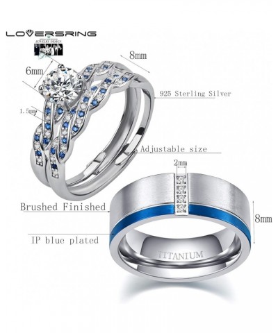 Couple Ring Bridal Set His Hers White Gold Plated CZ Stainless Steel Wedding Ring Band Set Blue women's size 7 & men's size 1...