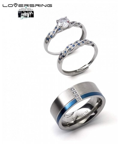 Couple Ring Bridal Set His Hers White Gold Plated CZ Stainless Steel Wedding Ring Band Set Blue women's size 7 & men's size 1...